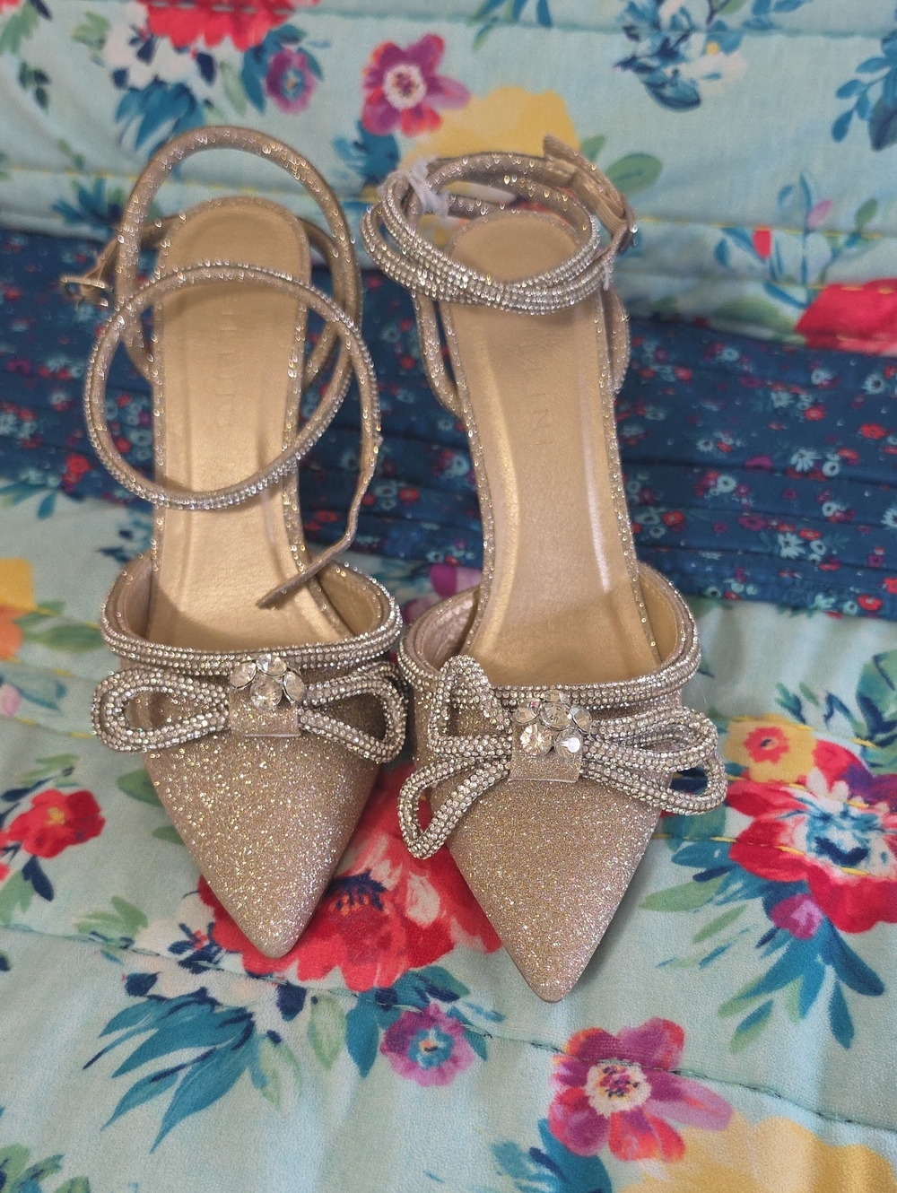 Billini Gold Glitter Pointed-Toe Bow Ankle-Strap Heels